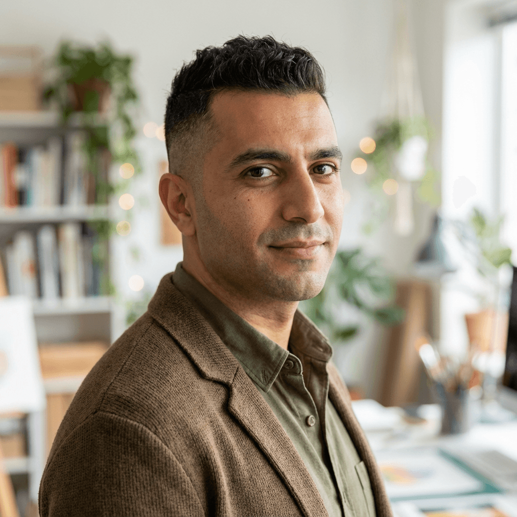 Male consultant in his late 30s, Hispanic, approachable professional style in a modern office